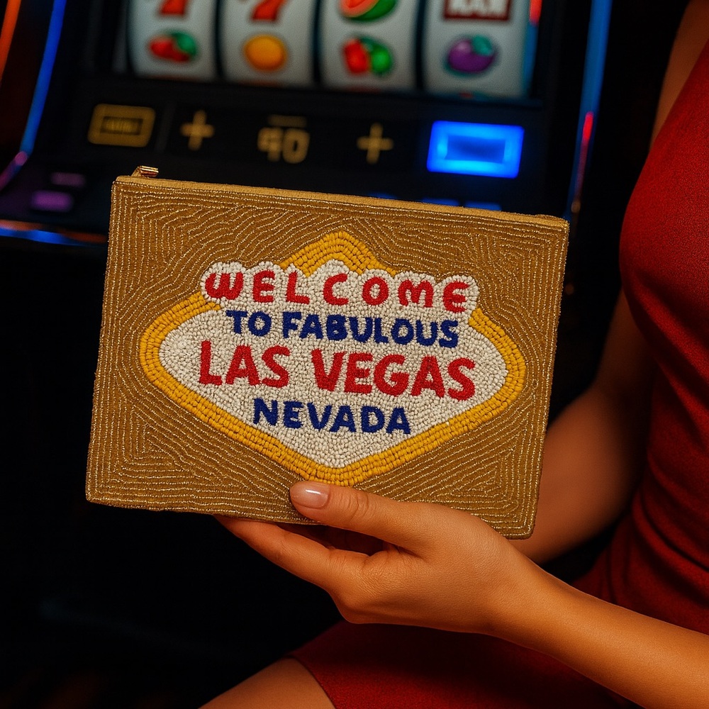 Las Vegas Beaded Clutch Purse –Handmade Gold Glitter Bag, Welcome to Vegas Sign🎰
